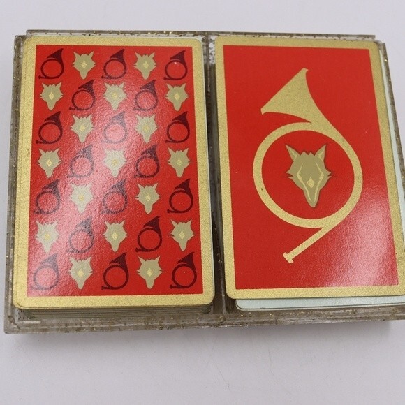 Vintage Stancraft Playing Cards Red & Gold Horns & Wolves in Plastic Case 2 Deck - Picture 4 of 5
